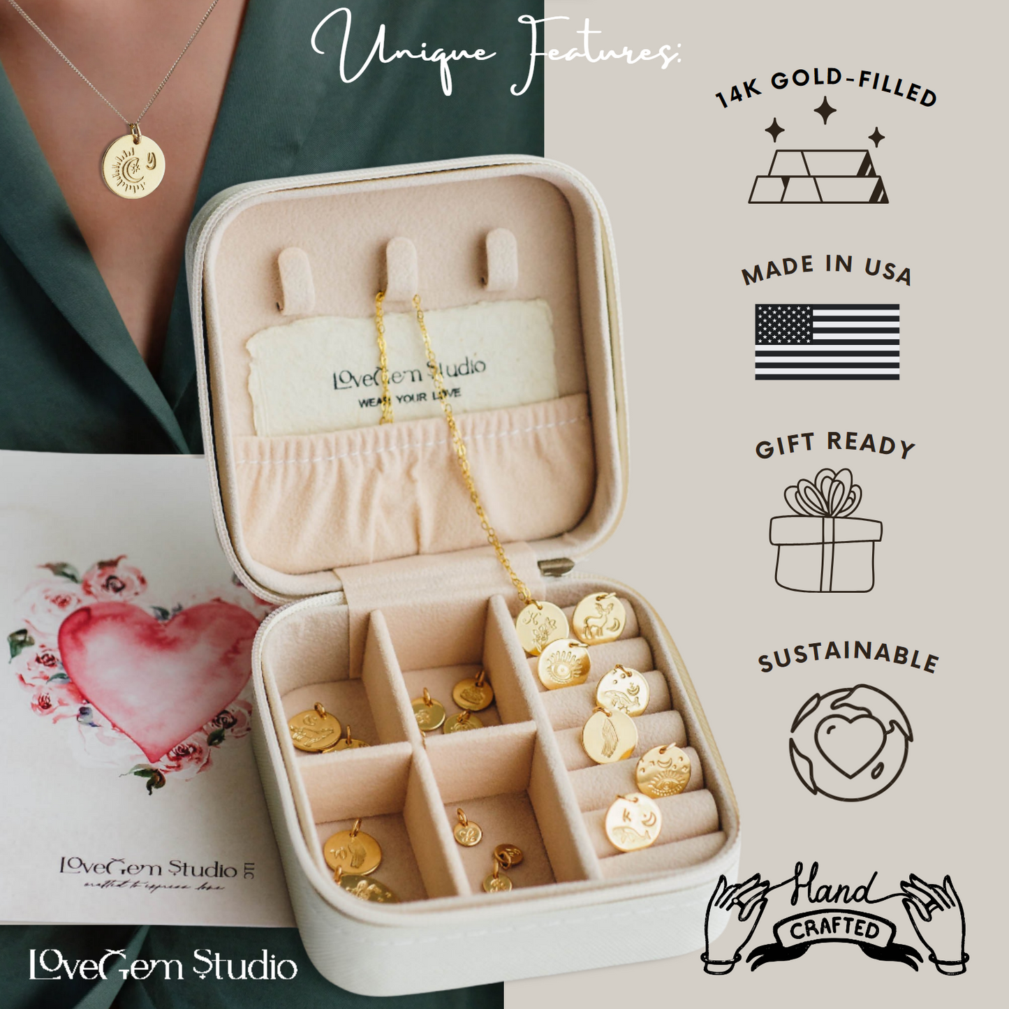 Hand-Stamped Flower Heart Charm Necklace – 14K Gold Filled Floral Jewelry by LoveGem Studio