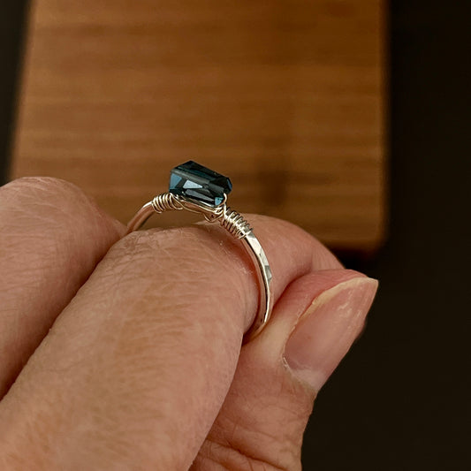 London Blue Topaz Ring – Hand-Wrapped Argentium Silver Deep Ocean Blue Jewelry