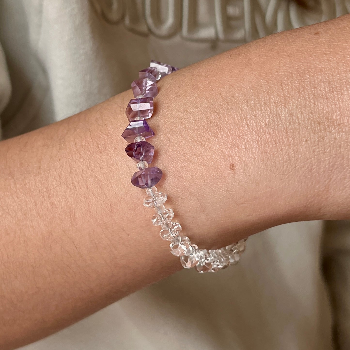 Violet Harmony Bracelet – Premium Grade Facet-Cut Amethyst & Ice-Clear Quartz with Argentium Silver Toggle