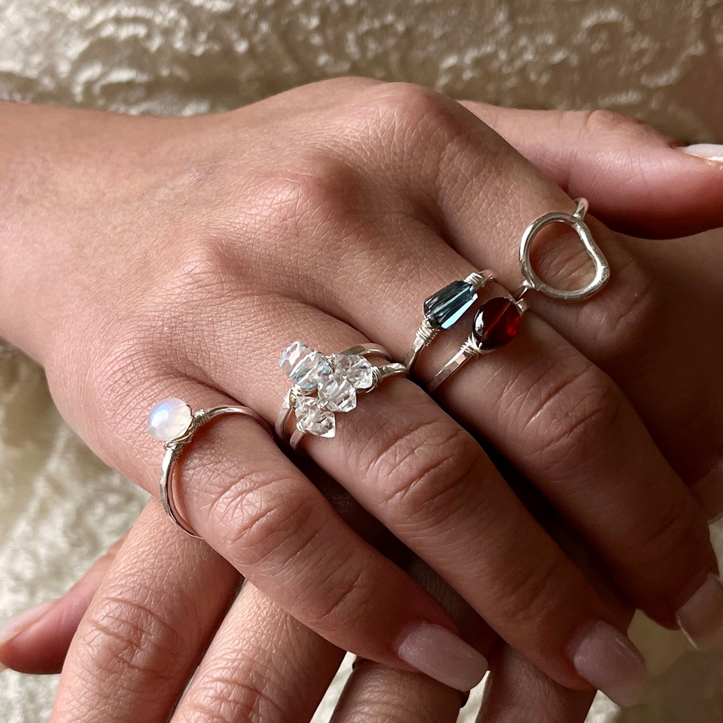 Triple Herkimer Diamond Ring – Hand-Wrapped Argentium Silver Sparkle Band