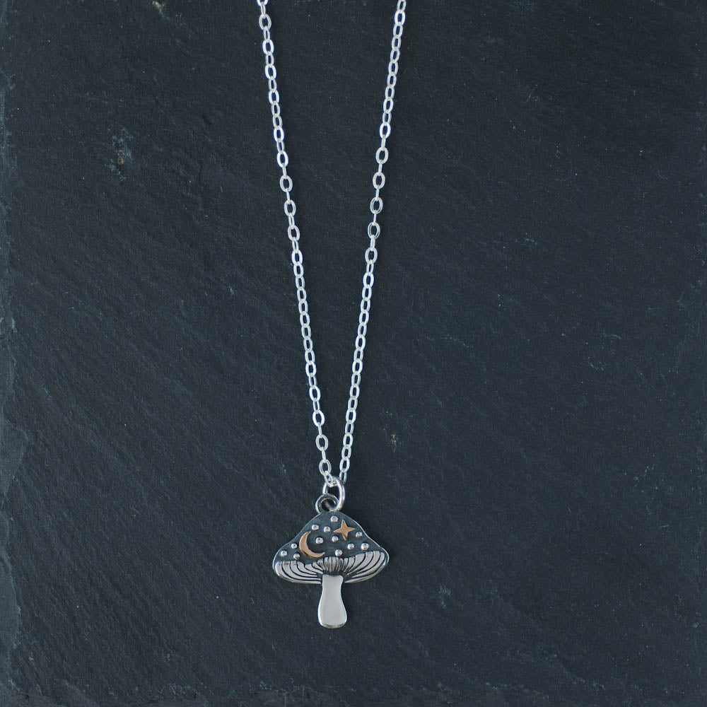 Mushroom with Moon and Stars Pedant Necklace | Oxidized Silver | LoveGem Studio image 0
