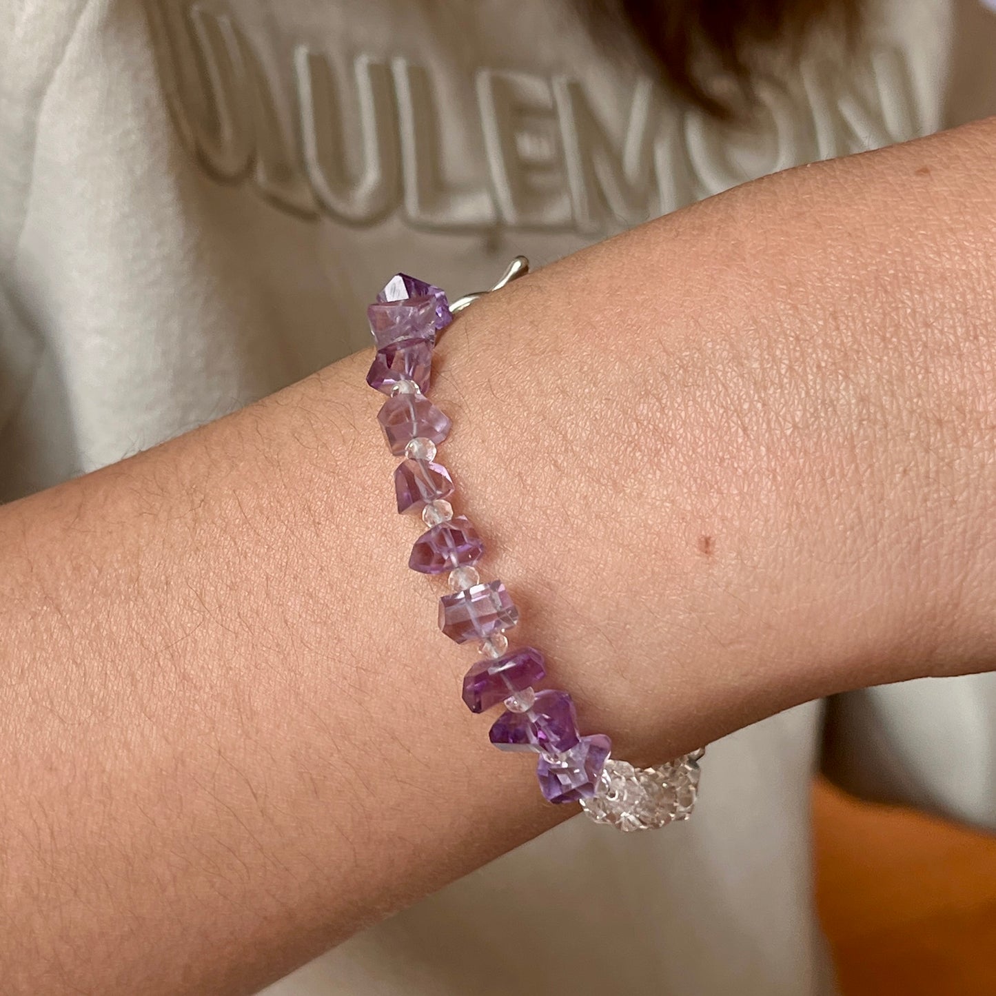 Violet Harmony Bracelet – Premium Grade Facet-Cut Amethyst & Ice-Clear Quartz with Argentium Silver Toggle