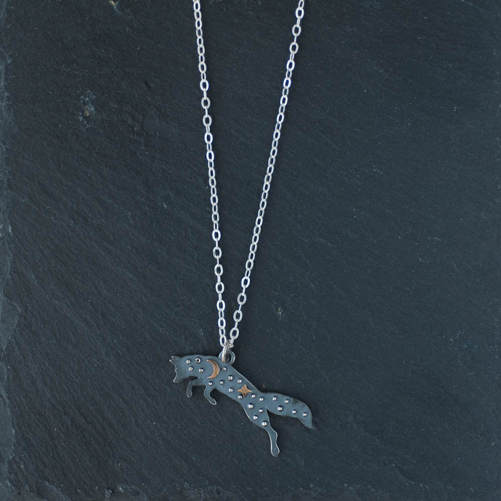 Fox with Moon and Stars Pendant Necklace | Oxidized Silver | LoveGem Studio image 0