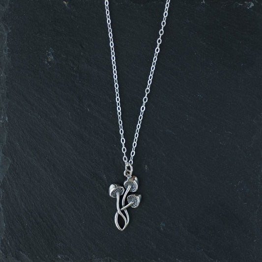 Trio Mushroom Pendant Necklace | Oxidized Silver | LoveGem Studio - 16-inch image