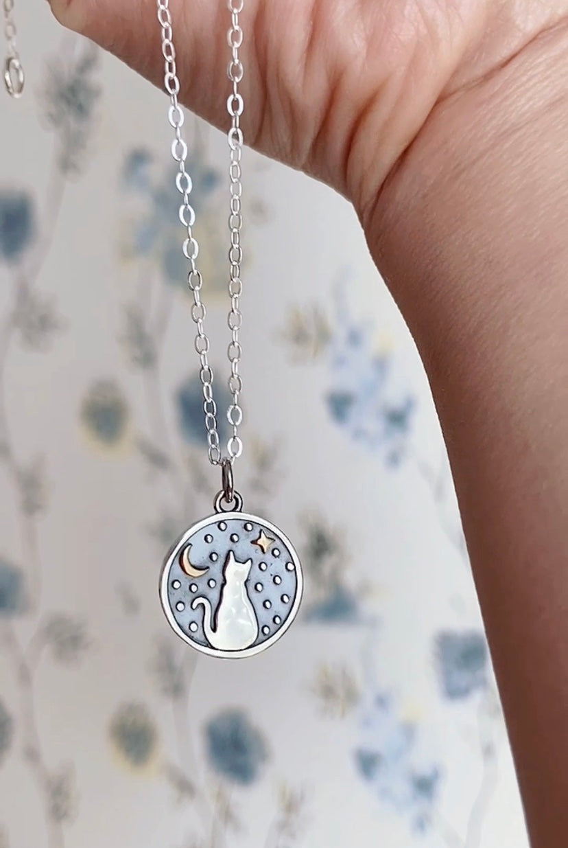 Cat with Moon and Stars Pendant Necklace | Oxidized Silver | LoveGem Studio image 2