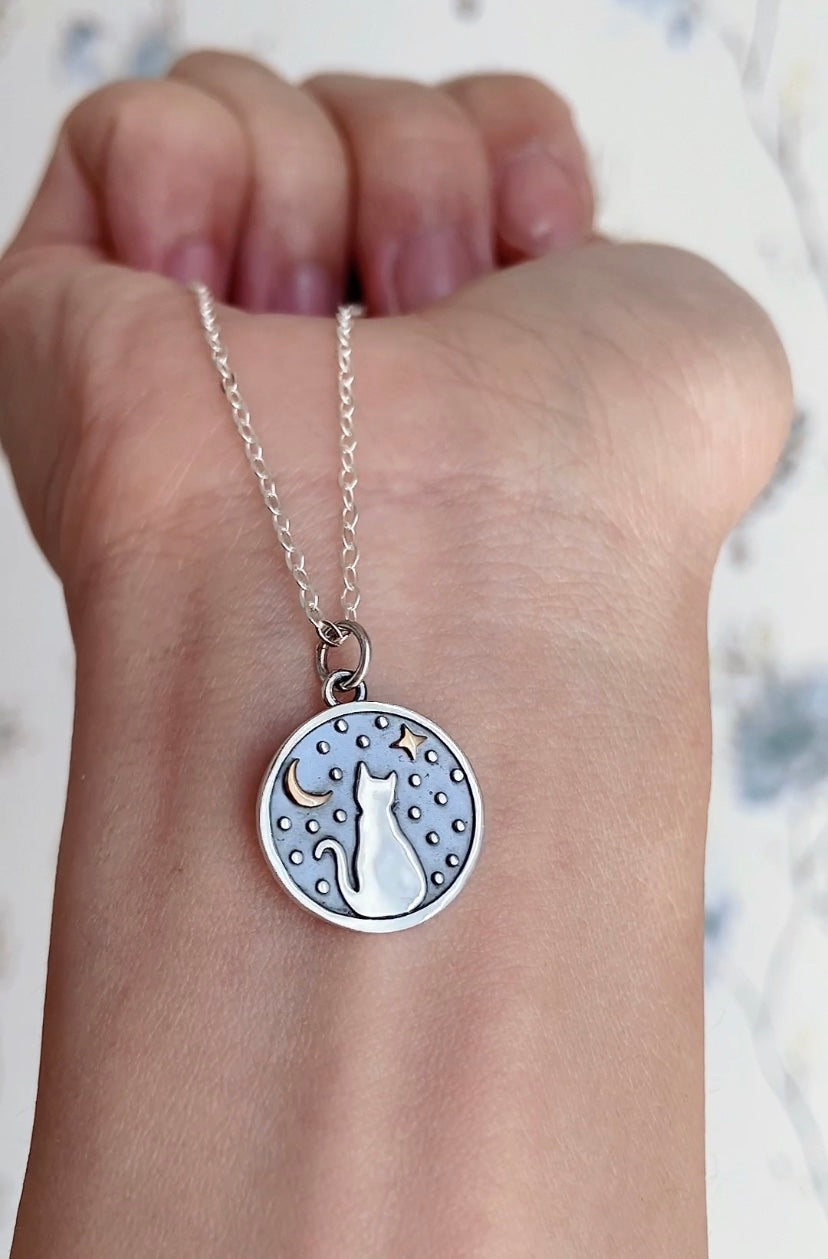Cat with Moon and Stars Pendant Necklace | Oxidized Silver | LoveGem Studio image 1