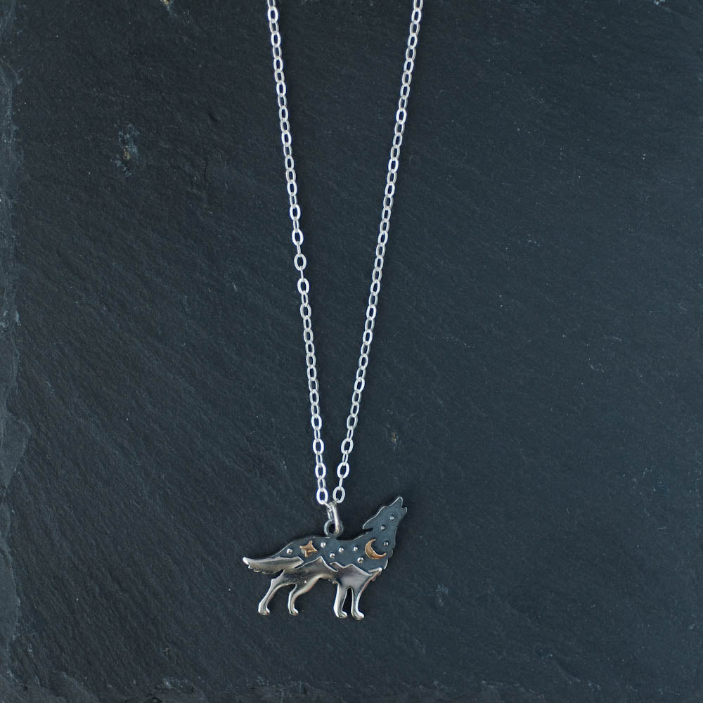 Wolf over the Mountain Pendant Necklace | Oxidized Silver | LoveGem Studio image 0