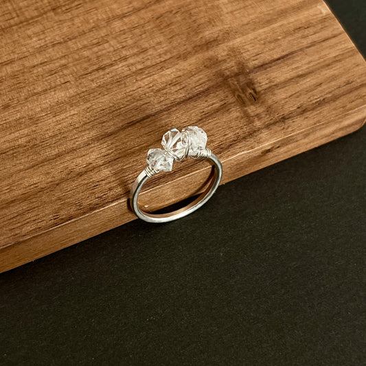 Triple Herkimer Diamond Ring – Hand-Wrapped Argentium Silver Sparkle Band