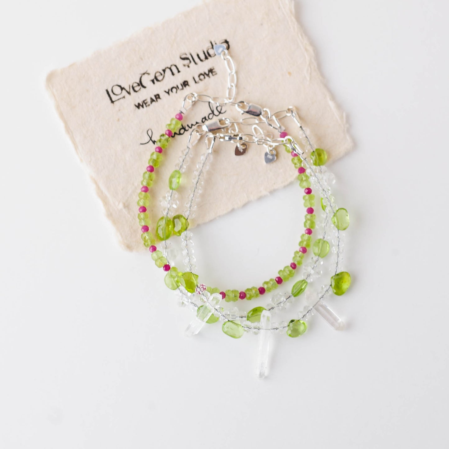 Heart Shaped Peridot & Clear Quartz Bracelet – Adjustable Sterling Silver Healing Jewelry by LoveGem Studio
