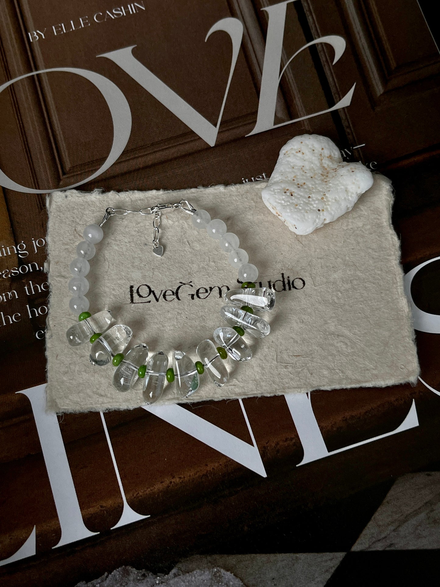 Handmade Clear Quartz Healing Bracelet - Sterling Silver with White Jade & Turquoise by LoveGem Studio