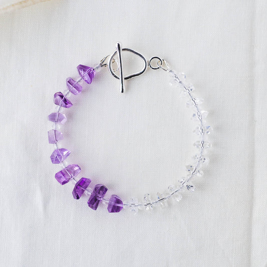 Violet Harmony Bracelet – Premium Grade Facet-Cut Amethyst & Ice-Clear Quartz with Argentium Silver Toggle