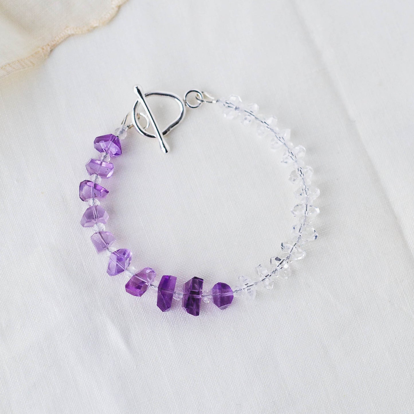 Violet Harmony Bracelet – Premium Grade Facet-Cut Amethyst & Ice-Clear Quartz with Argentium Silver Toggle