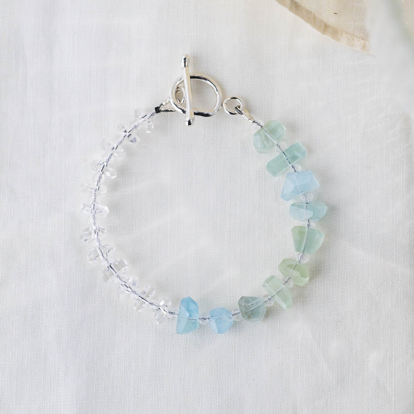 Ocean's Whisper Bracelet – Premium Grade Aquamarine & Ice-Clear Quartz with Argentium Silver Toggle