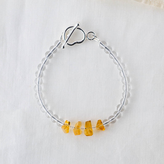 Golden Citrine Nugget & Smooth Quartz Bracelet – Wealth & Clarity Crystal Jewelry with Argentium Silver Toggle