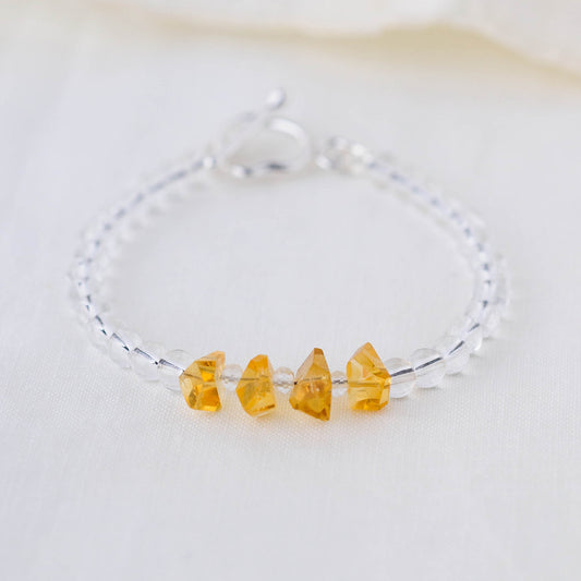 Golden Citrine Nugget & Smooth Quartz Bracelet – Wealth & Clarity Crystal Jewelry with Argentium Silver Toggle