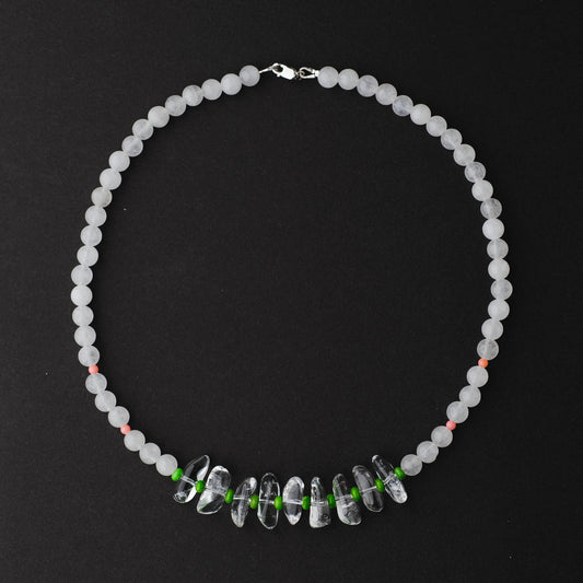 Handmade Clear Quartz Healing Necklace - Sterling Silver with White Jade, Turquoise & Coral by LoveGem Studio