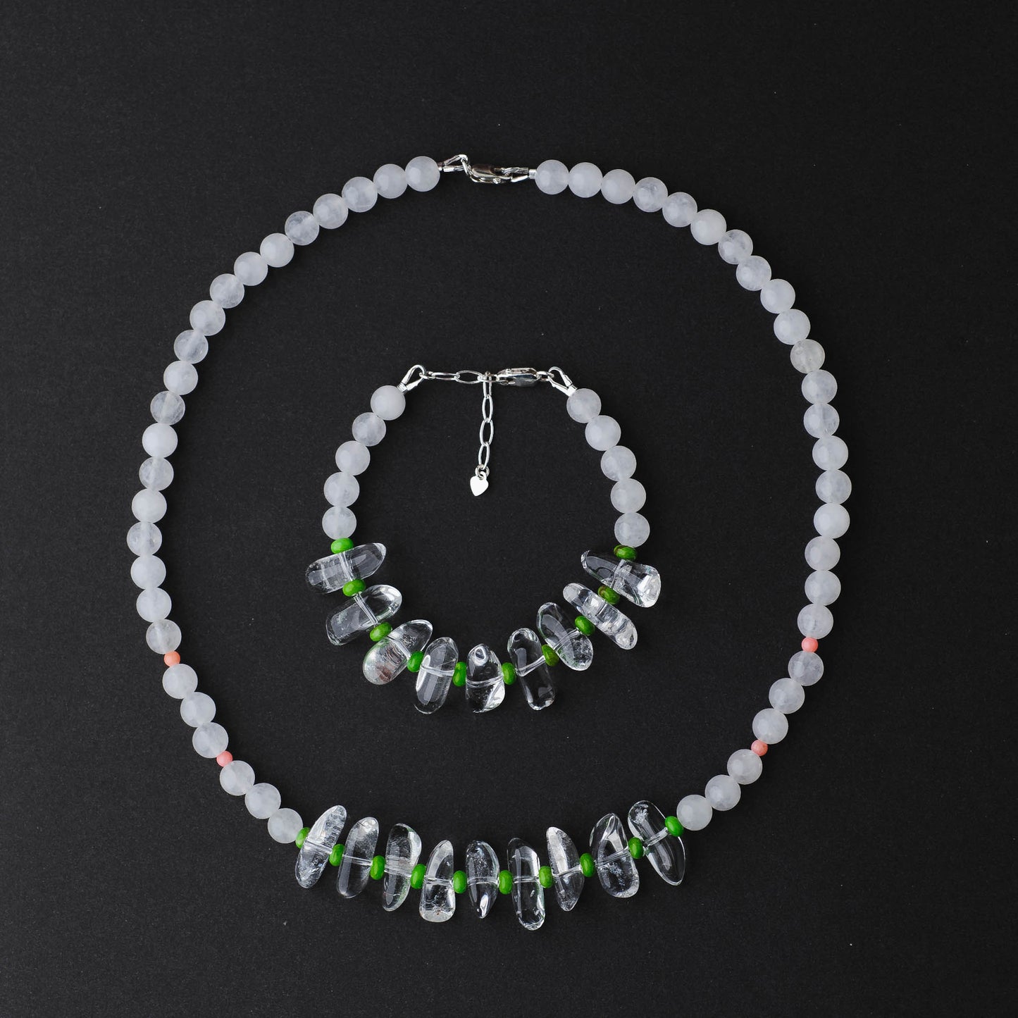 Handmade Clear Quartz Healing Bracelet - Sterling Silver with White Jade & Turquoise by LoveGem Studio