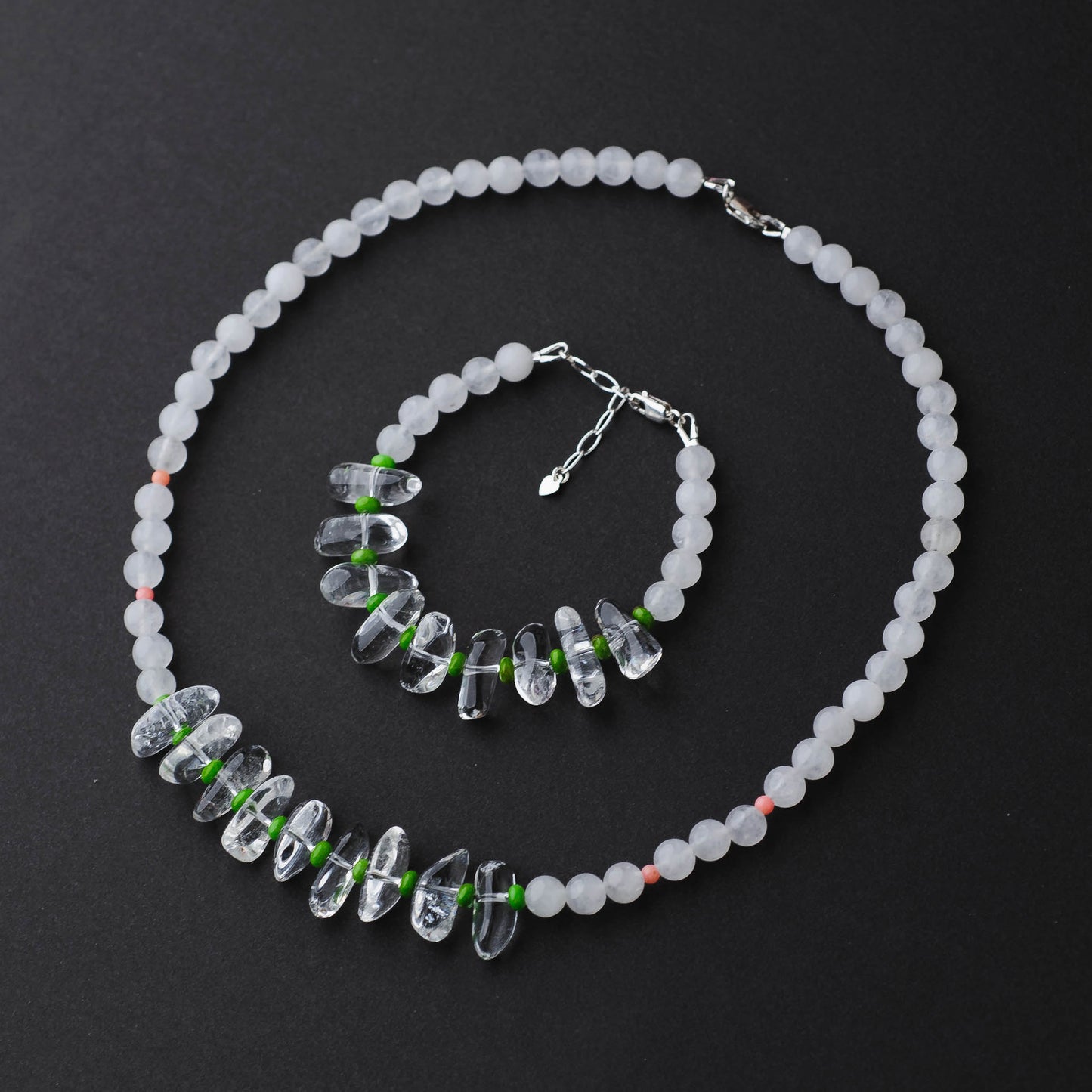 Handmade Clear Quartz Healing Bracelet - Sterling Silver with White Jade & Turquoise by LoveGem Studio