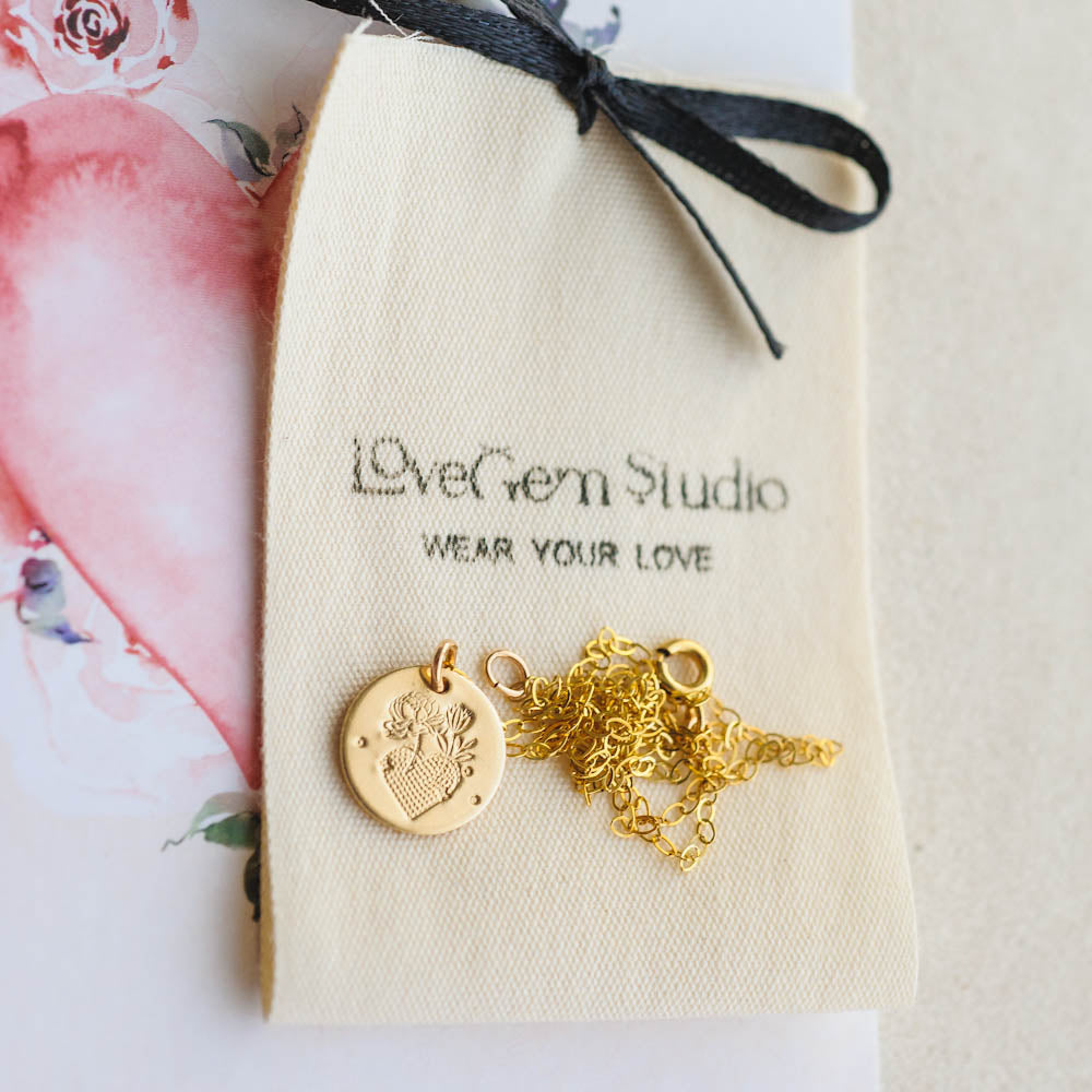 Hand-Stamped Flower Heart Charm Necklace – 14K Gold Filled Floral Jewelry by LoveGem Studio