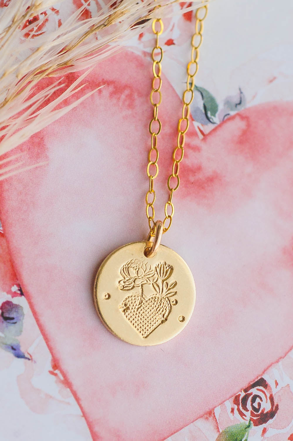 Hand-Stamped Flower Heart Charm Necklace – 14K Gold Filled Floral Jewelry by LoveGem Studio