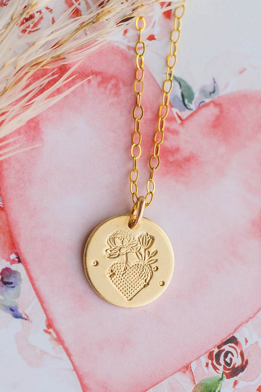 Hand-Stamped Flower Heart Charm Necklace – 14K Gold Filled Floral Jewelry by LoveGem Studio