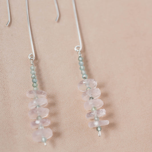 The Heart’s Equilibrium Dangle Earrings – Rose Quartz Heishi & Blue Apatite