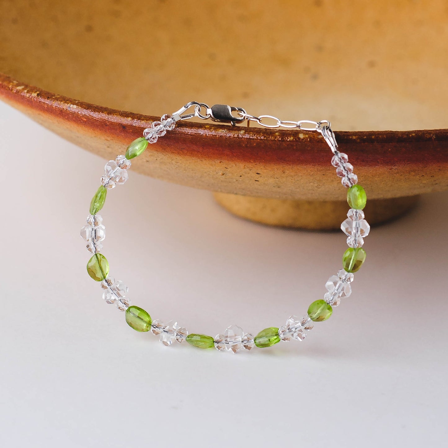 Oval Peridot & Clear Quartz Bracelet – Adjustable Sterling Silver Healing Jewelry by LoveGem Studio