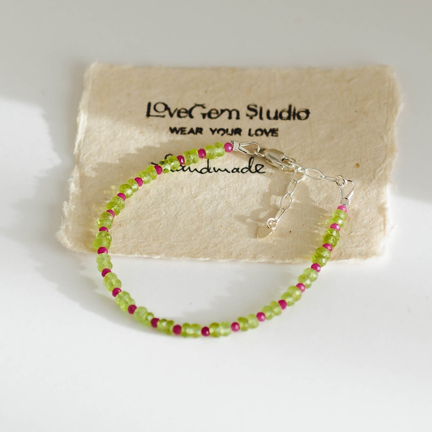 Faceted Peridot & Micro Ruby Bracelet – Adjustable Sterling Silver Gemstone Jewelry
