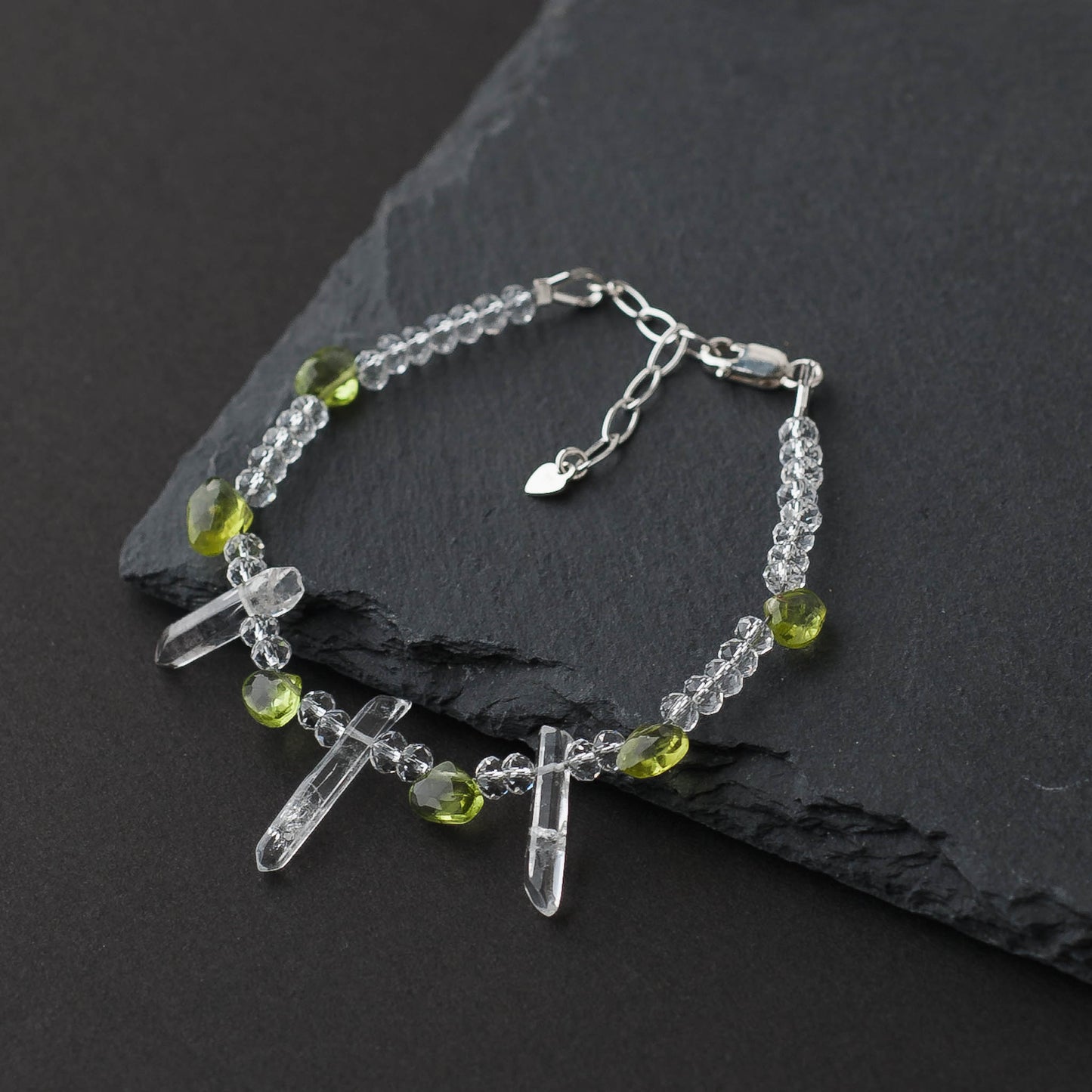 Heart Shaped Peridot & Clear Quartz Bracelet – Adjustable Sterling Silver Healing Jewelry by LoveGem Studio