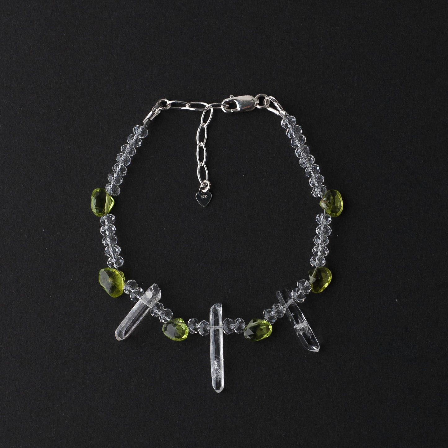 Heart Shaped Peridot & Clear Quartz Bracelet – Adjustable Sterling Silver Healing Jewelry by LoveGem Studio