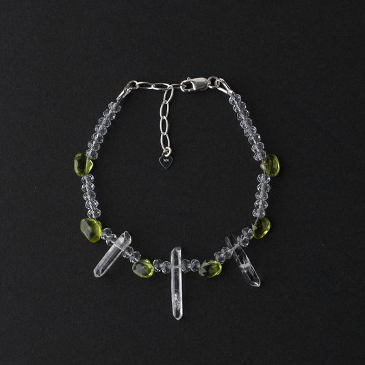 Heart Shaped Peridot & Clear Quartz Bracelet – Adjustable Sterling Silver Healing Jewelry by LoveGem Studio