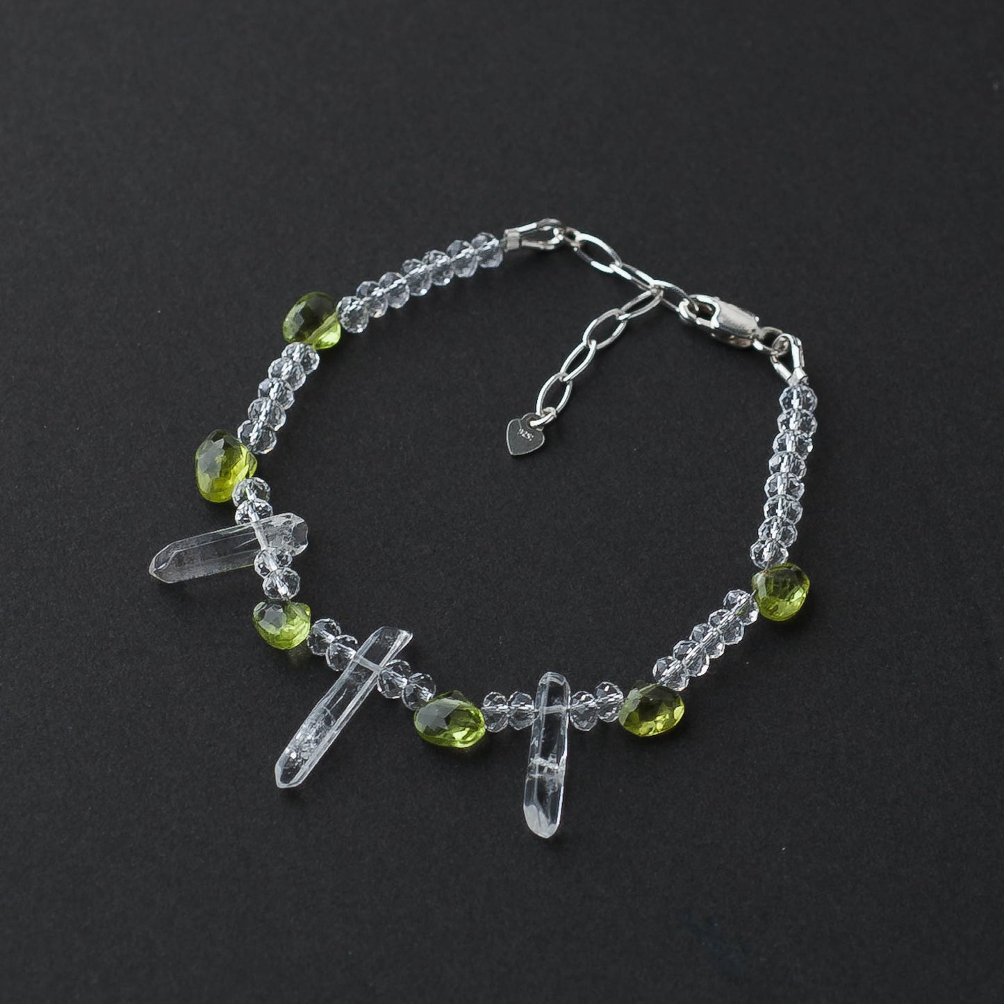 Heart Shaped Peridot & Clear Quartz Bracelet – Adjustable Sterling Silver Healing Jewelry by LoveGem Studio