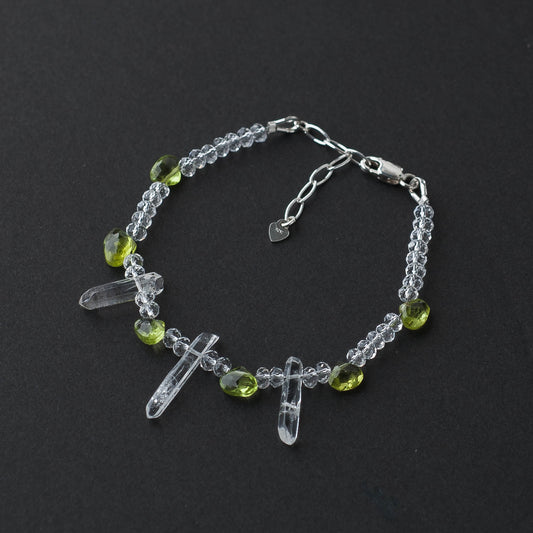 Heart Shaped Peridot & Clear Quartz Bracelet – Adjustable Sterling Silver Healing Jewelry by LoveGem Studio