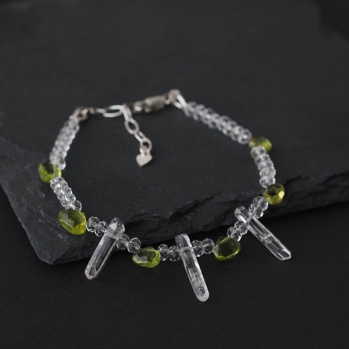 Heart Shaped Peridot & Clear Quartz Bracelet – Adjustable Sterling Silver Healing Jewelry by LoveGem Studio