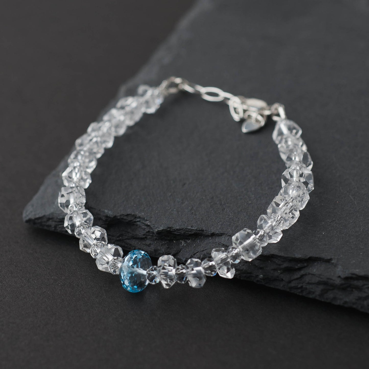Swiss Blue Topaz & Clear Quartz Bracelet – Adjustable Sterling Silver Jewelry by LoveGem Studio