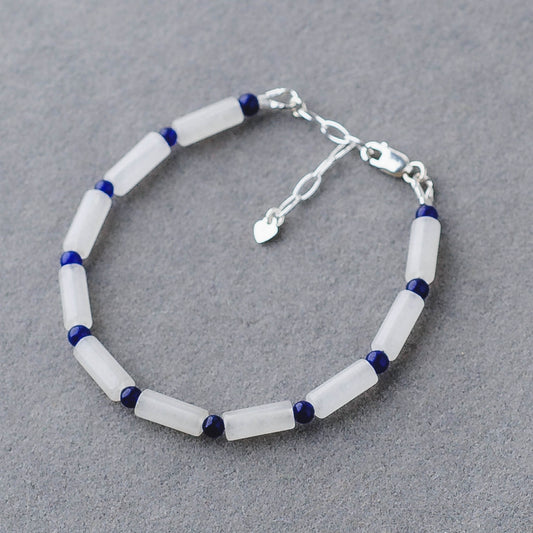 Handmade Lapis Lazuli & White Jade Bracelet – Sterling Silver Adjustable Wisdom Jewelry by LoveGem Studio
