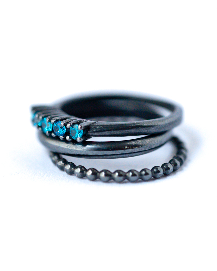 Blue Cubic Zirconia Silver Stackable Dark Rings