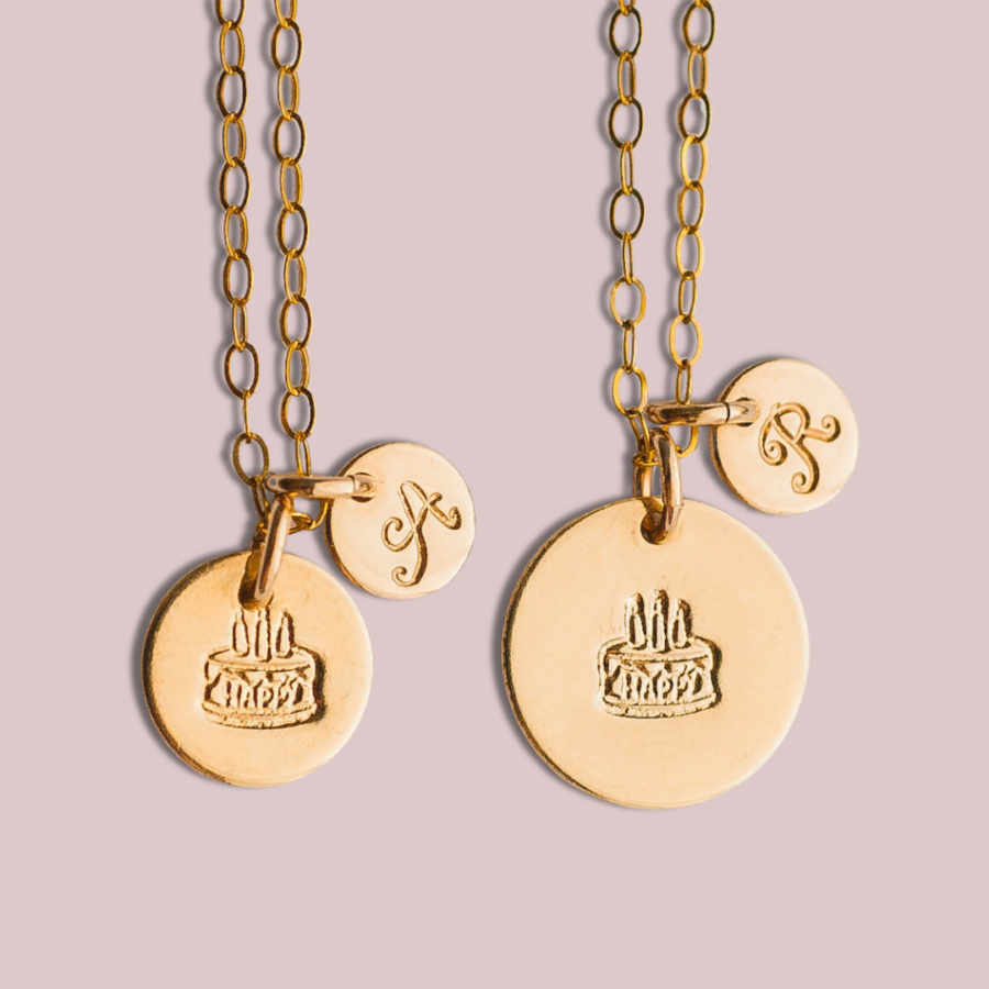 birthday cake and initial charm necklace 14k gold filled - Lovegem studio