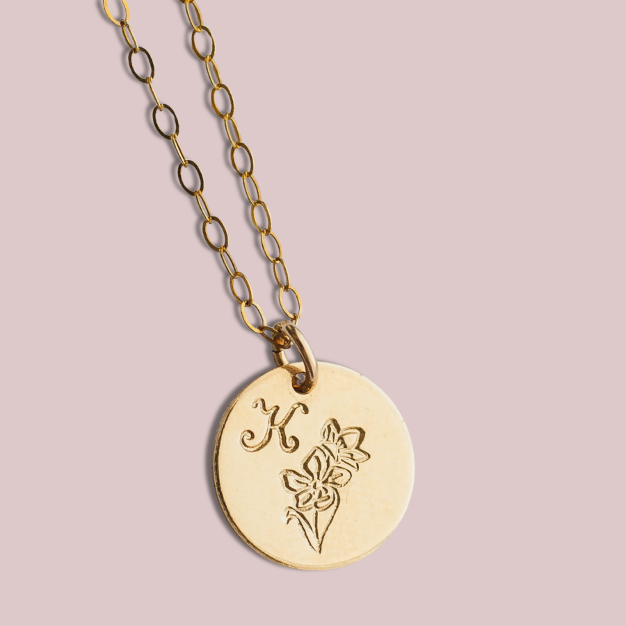daffodil and initial charm necklace 14k gold filled - Lovegem studio