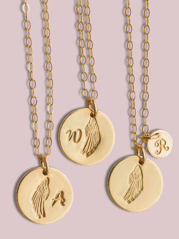 angle wing and initial charm necklace 14k gold filled - Lovegem studio