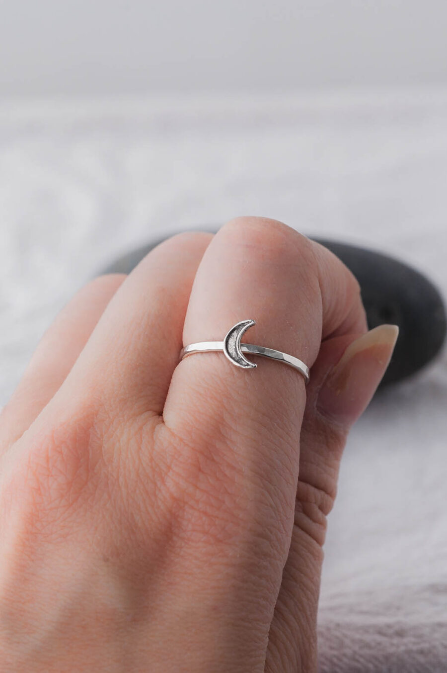 Lyra | Oxidized Crescent Moon Sterling Silver Ring | LoveGem Studio - Image 4