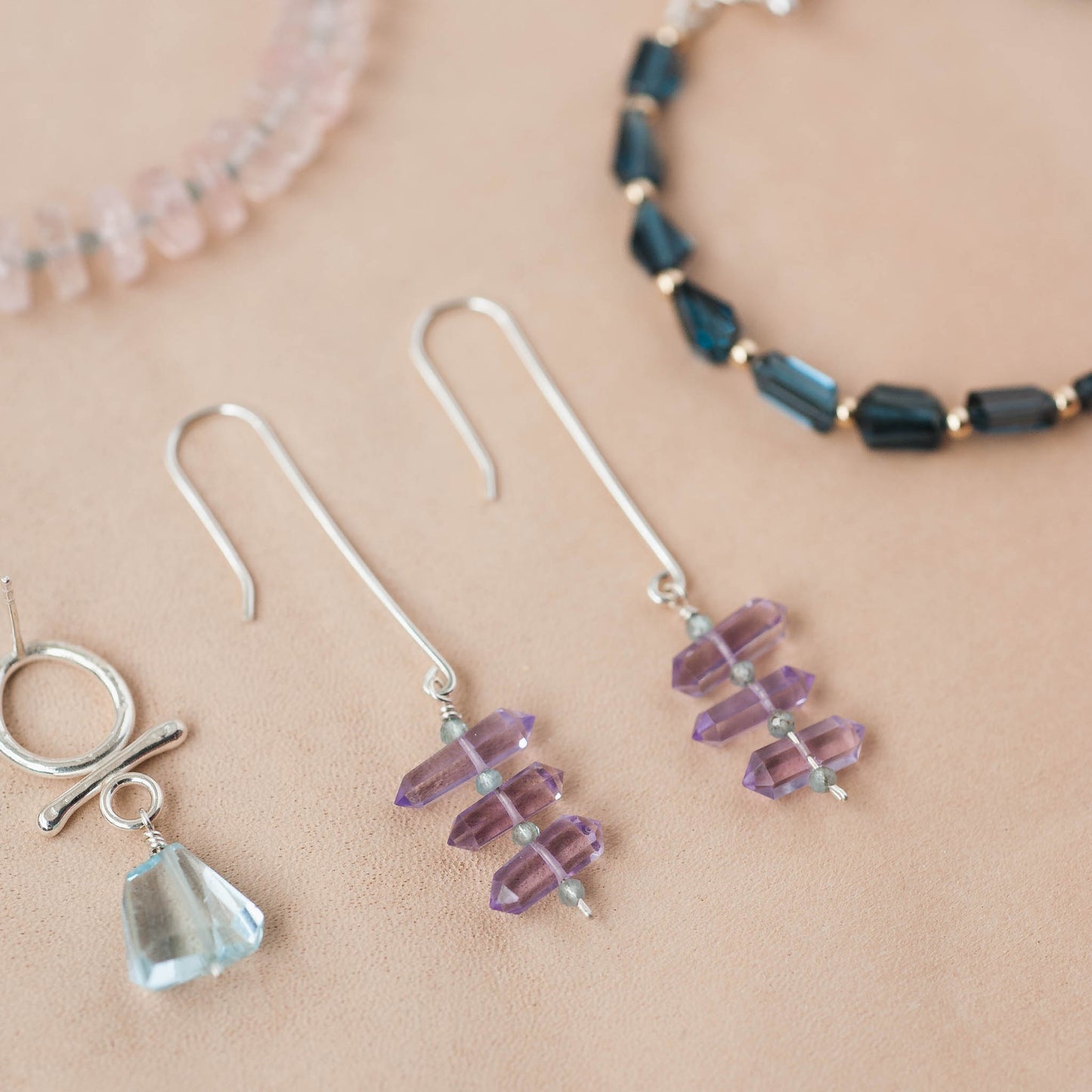 The Intuitive Path Dangle Earrings – Double-Terminated Pink Amethyst & Blue Apatite