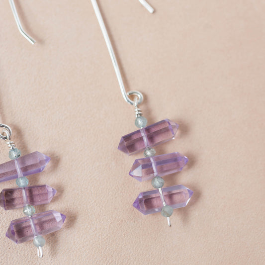 The Intuitive Path Dangle Earrings – Double-Terminated Pink Amethyst & Blue Apatite