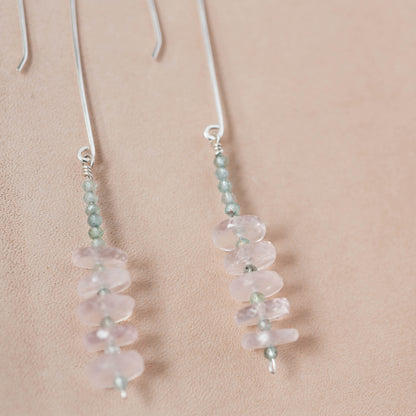 The Heart’s Equilibrium Dangle Earrings – Rose Quartz Heishi & Blue Apatite