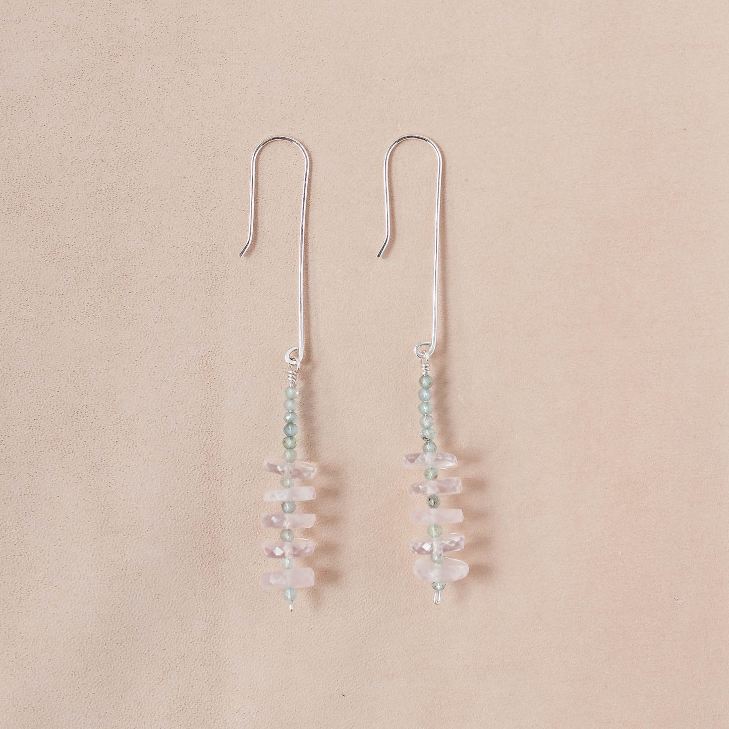 The Heart’s Equilibrium Dangle Earrings – Rose Quartz Heishi & Blue Apatite