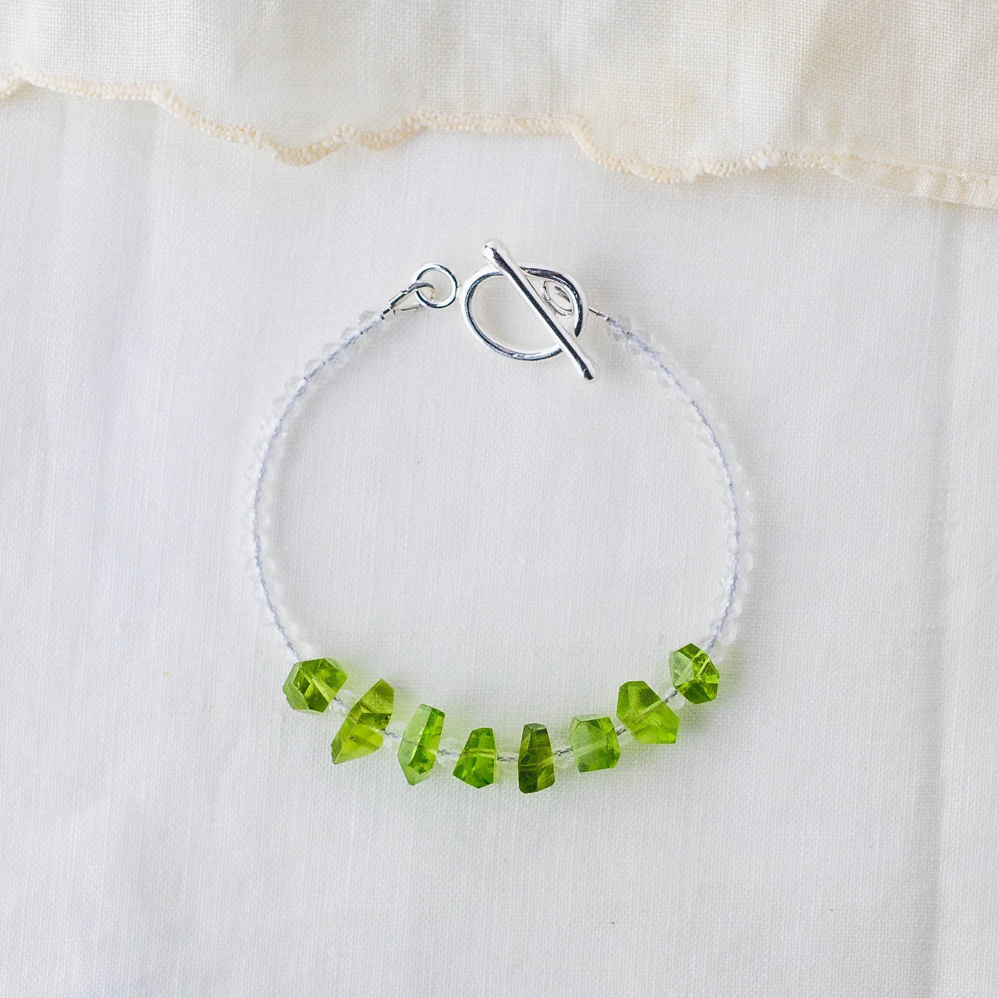 Peridot Nugget & Quartz Beads Bracelet – Handmade Artisan Jewelry with Argentium Silver Toggle